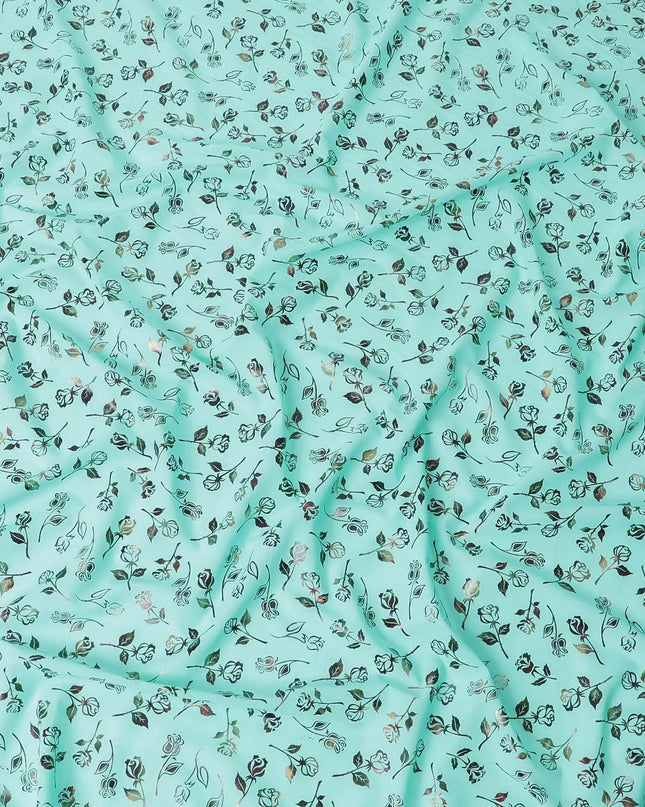 Vista blue cotton voile fabric with multicolor metallic foil print in floral design-D9783 Regal Fabrics