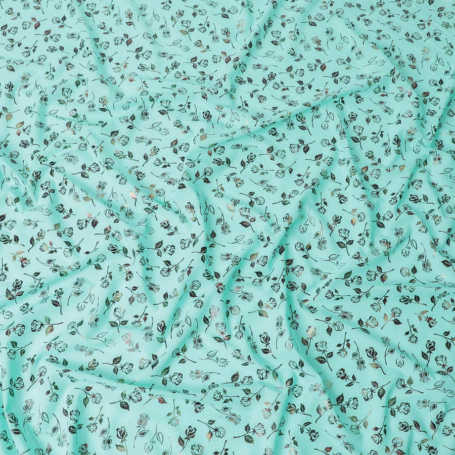 Vista blue cotton voile fabric with multicolor metallic foil print in floral design-D9783