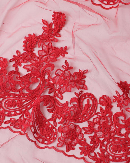 Candy apple red nylon tulle fabric with fancy embroidery in paisley design-D11751