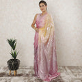 Light gold, lavender pink Premium pure French silk chiffon saree with rose pink metallic lurex in floral design-D12583