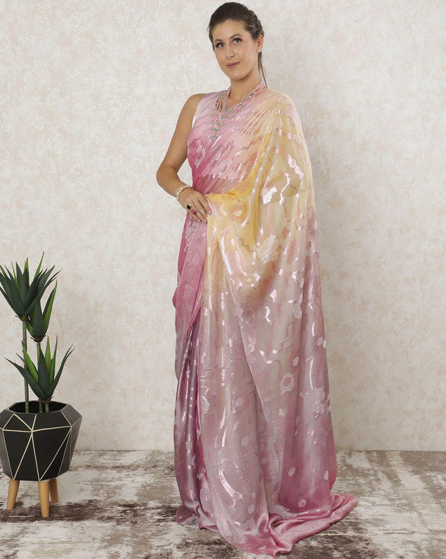 Light gold, lavender pink Premium pure French silk chiffon saree with rose pink metallic lurex in floral design-D12583