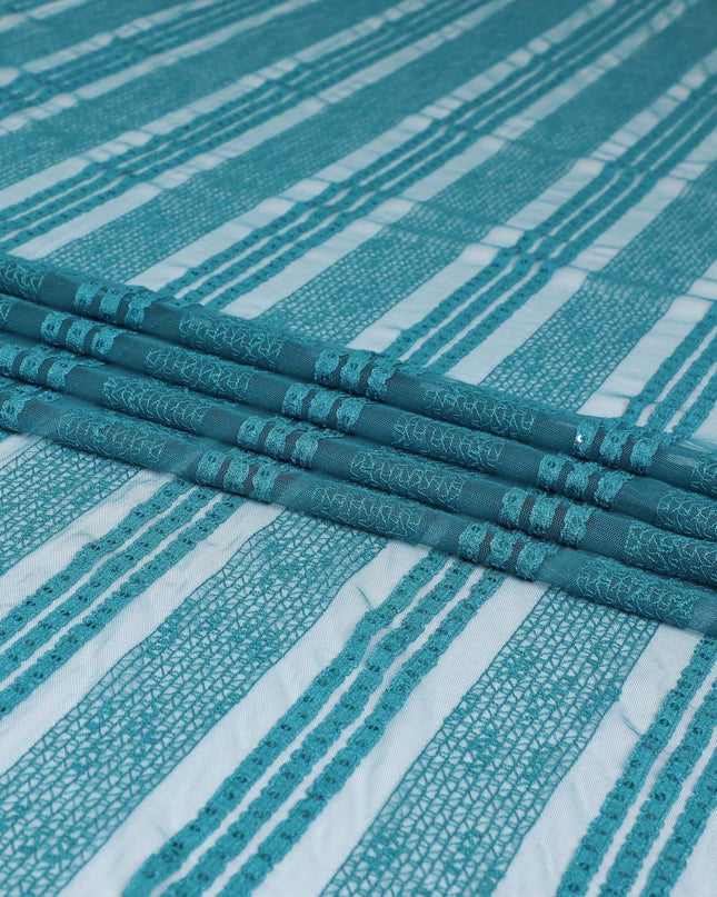 Ocean blue nylon tulle fabric with same tone embroidery and sequins in stripe design-D6671 Regal Fabrics