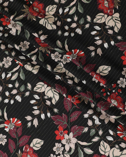قماش كريب فيسكوز أسود مطبوع مع طبعات متعددة الألوان ولوريكس معدني بتصميم زهور-D11165