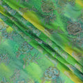 Green Premium pure silk chiffon with gold, silver and blue metallic lurex in floral design-D11400