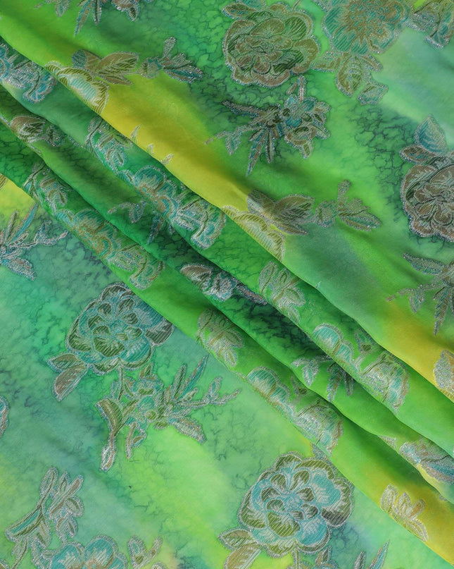 Green Premium pure silk chiffon with gold, silver and blue metallic lurex in floral design-D11400