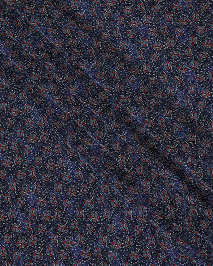 Indigo blue Premium pure silk crepe fabric with beige, blue and print in floral design-D13856