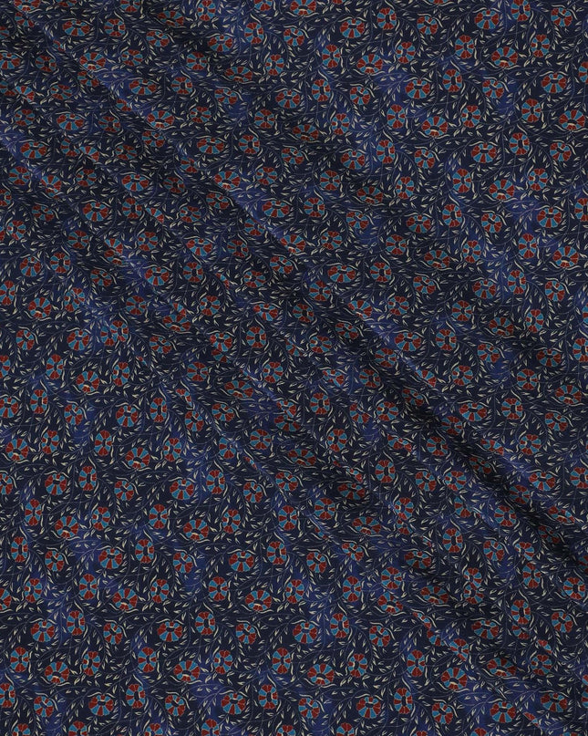 Indigo blue Premium pure silk crepe fabric with beige, blue and print in floral design-D13856