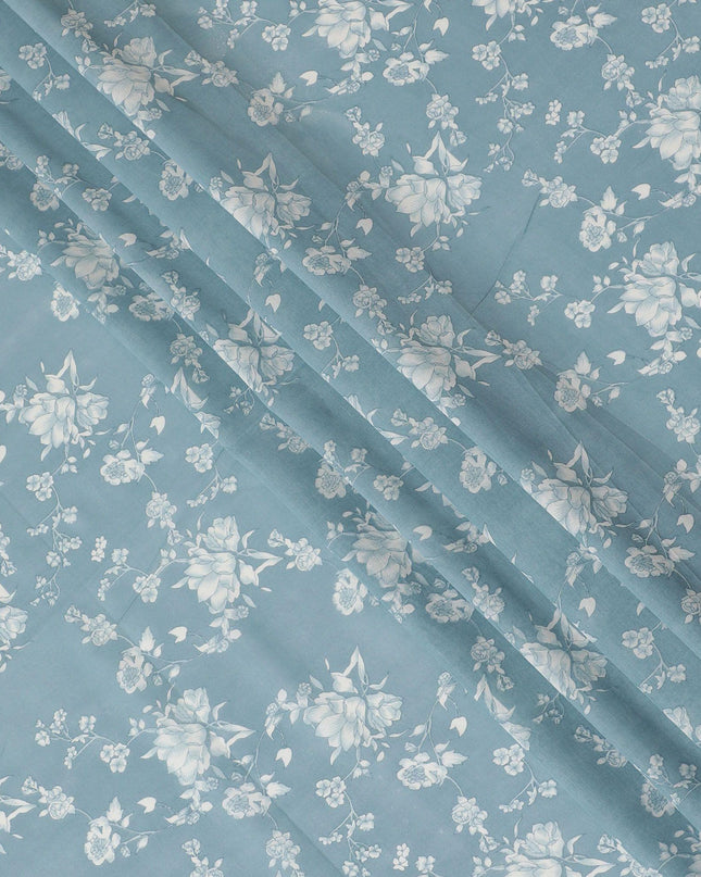Light tiffany blue cotton voile fabric with beige print in floral design-D15157