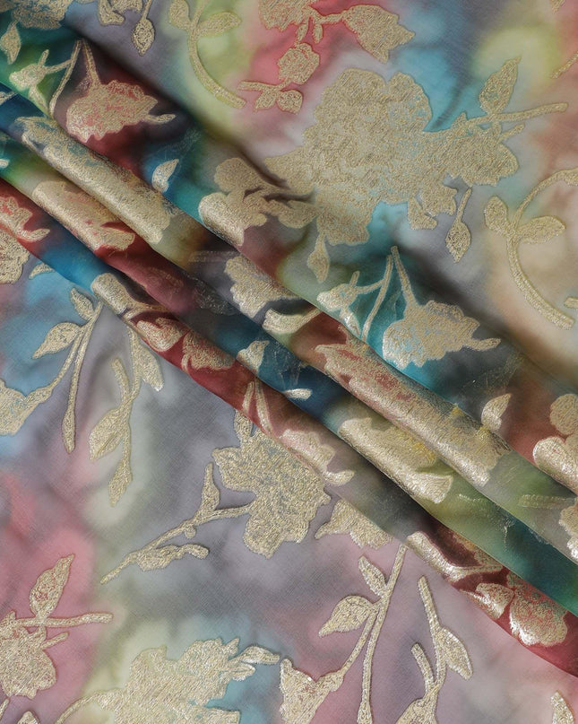 شيفون من الحرير الخالص متعدد الألوان مع لوريكس معدني ذهبي بتصميم الأزهار-D11379