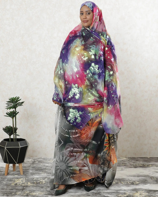 Multicolor premium pure silk chiffon garbasaar with neon green metallic lurex in floral design-D9553 Regal Fabrics