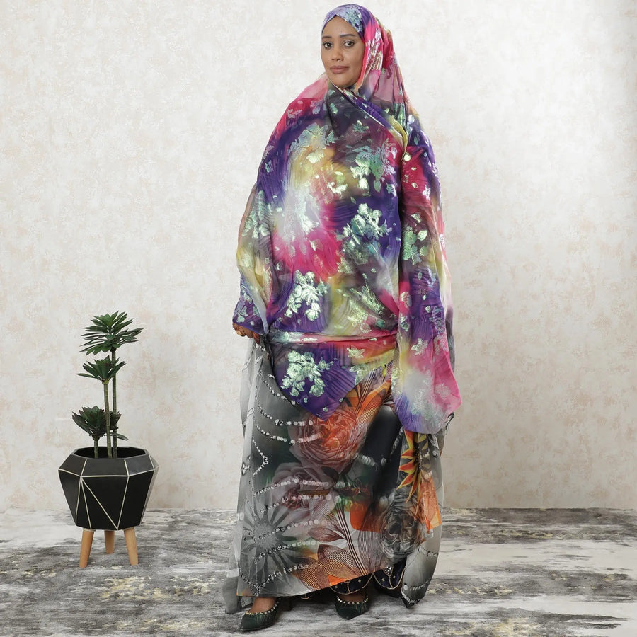 Multicolor premium pure silk chiffon garbasaar with neon green metallic lurex in floral design-D9553 Regal Fabrics