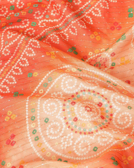 Dark Orange synthetic chiffon fabric with same tone embroidery stripe having multicolor print and sequins in geometric design-D9756