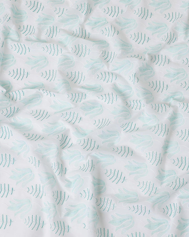 White cotton voile fabric with same tone and turquoise green embroidery in Leaf design-D9772