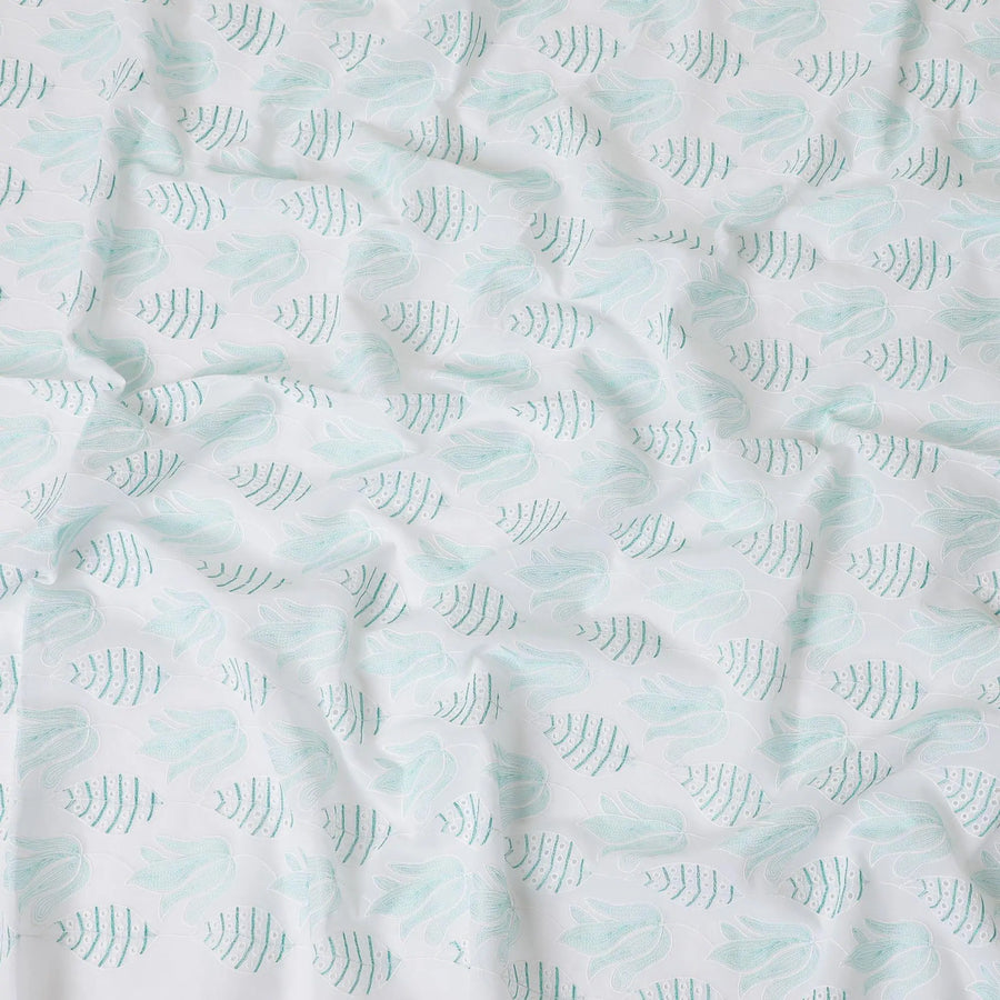 White cotton voile fabric with same tone and turquoise green embroidery in Leaf design-D9772 Regal Fabrics