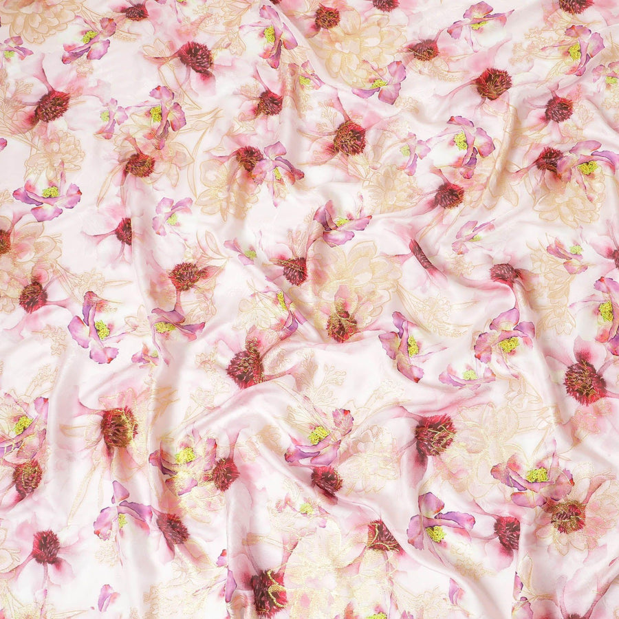 ديراك شيفون حريري إيطالي وردي فاتح مع طباعة متعددة الألوان ولوريكس ذهبي معدني بتصميم زهور-D9373
