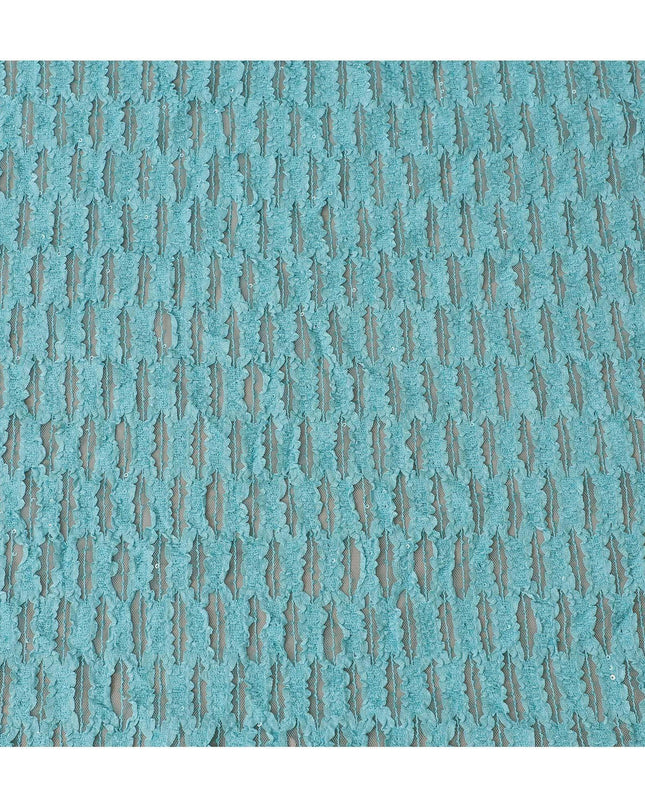 Sky blue nylon tulle fabric with same tone fancy embroidery having sequins in stripe design-D9198 Regal Fabrics