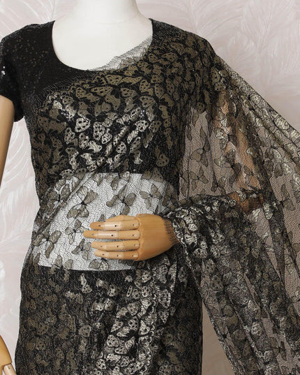 Black, gold Premium pure French metallic chantilly lace saree in butterfly design-D15545