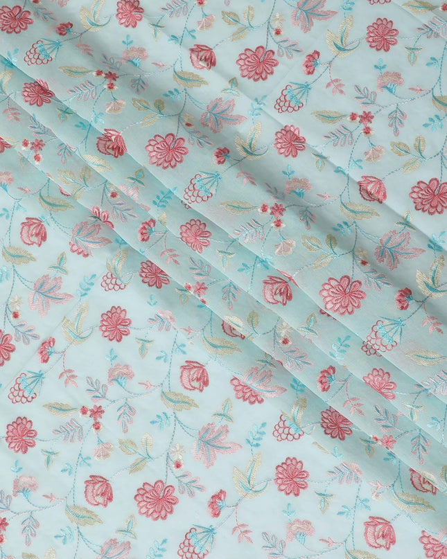 Baby blue premium pure cotton voile fabric with same tone, baby pink and beige embroidery in floral design-D13641