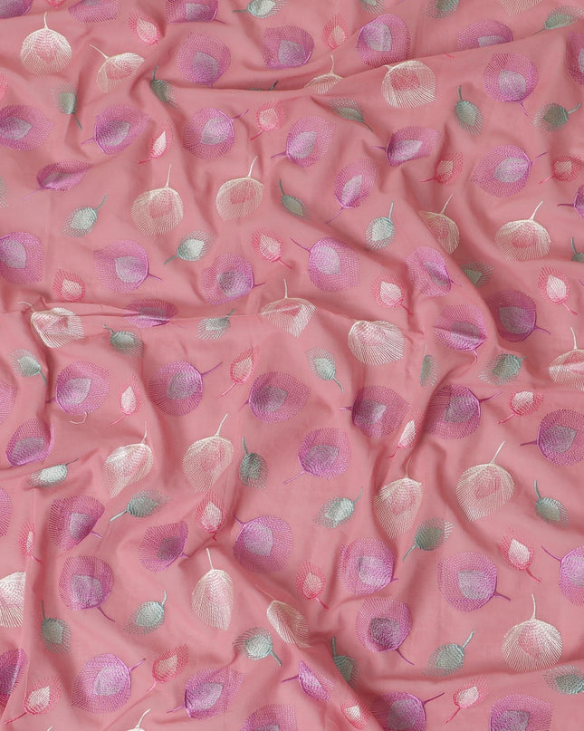Light cerise pink premium pure cotton voile fabric with lavender pink, beige and turquoise green embrodiery in floral design-D13691