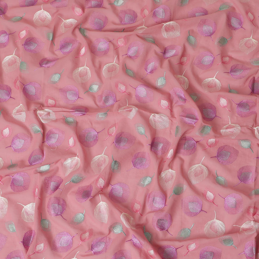 Light cerise pink premium pure cotton voile fabric with lavender pink, beige and turquoise green embrodiery in floral design-D13691