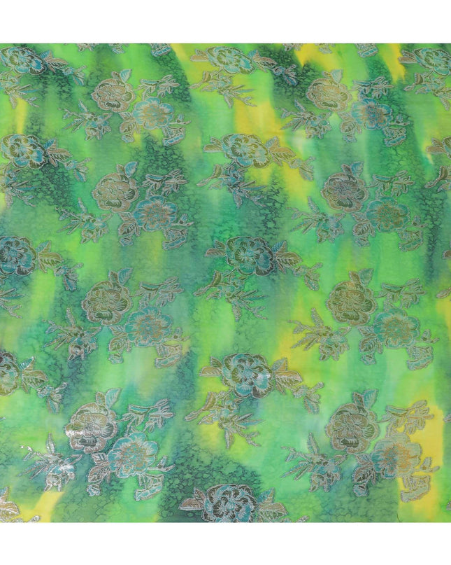 Green Premium pure silk chiffon with gold, silver and blue metallic lurex in floral design-D11400