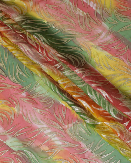 قماش شيفون من الحرير الخالص متعدد الألوان مع لوريكس معدني ذهبي بتصميم تجريدي-D14073