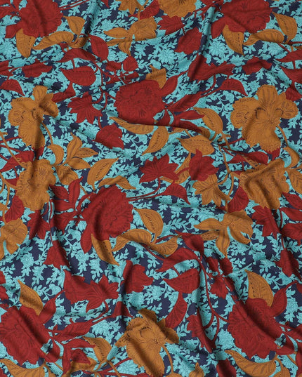 Blue premium Italian viscose fabric with multicolor print in floral design-D12532