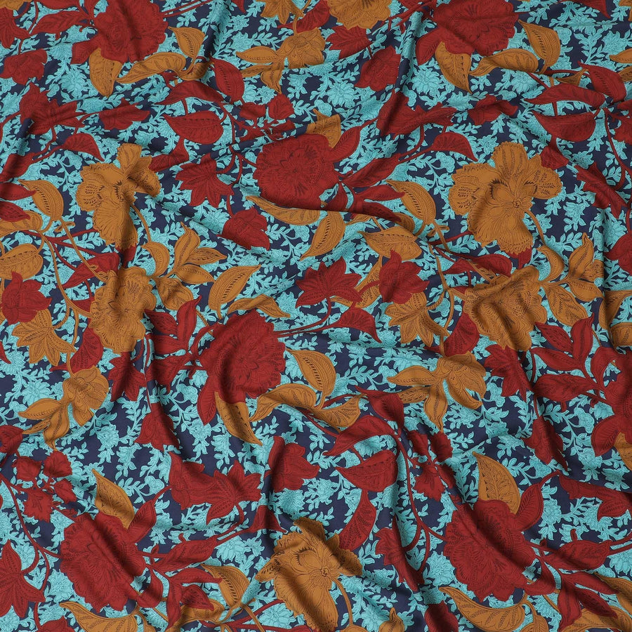 Blue premium Italian viscose fabric with multicolor print in floral design-D12532