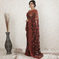 Mocha brown, brick red, copper metallic  Premium pure French chantilly saree lace having stone work in floral design-D13513