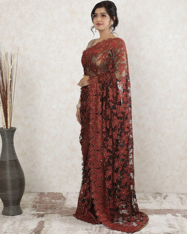 Mocha brown, brick red, copper metallic  Premium pure French chantilly saree lace having stone work in floral design-D13513 Regal Fabrics