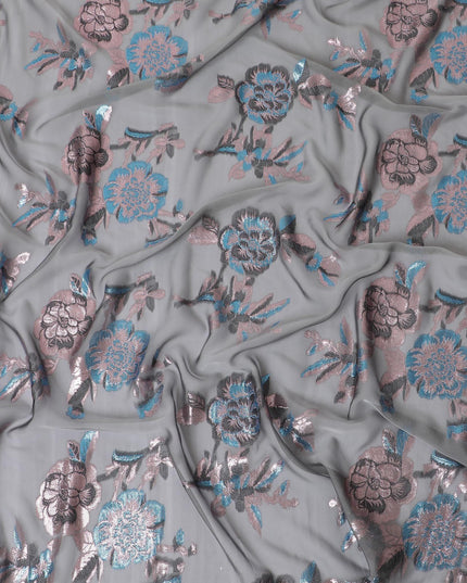 Coin grey premium pure silk chiffon fabric with copper and blue metallic lurex in floral design-D13728