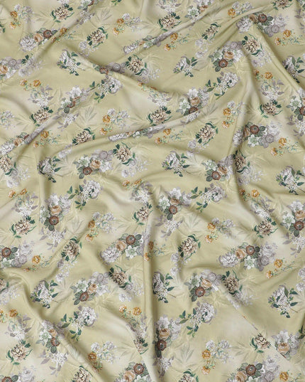 Sage green synthetic crepe fabric with multicolor print having stone work in floral design-D15312