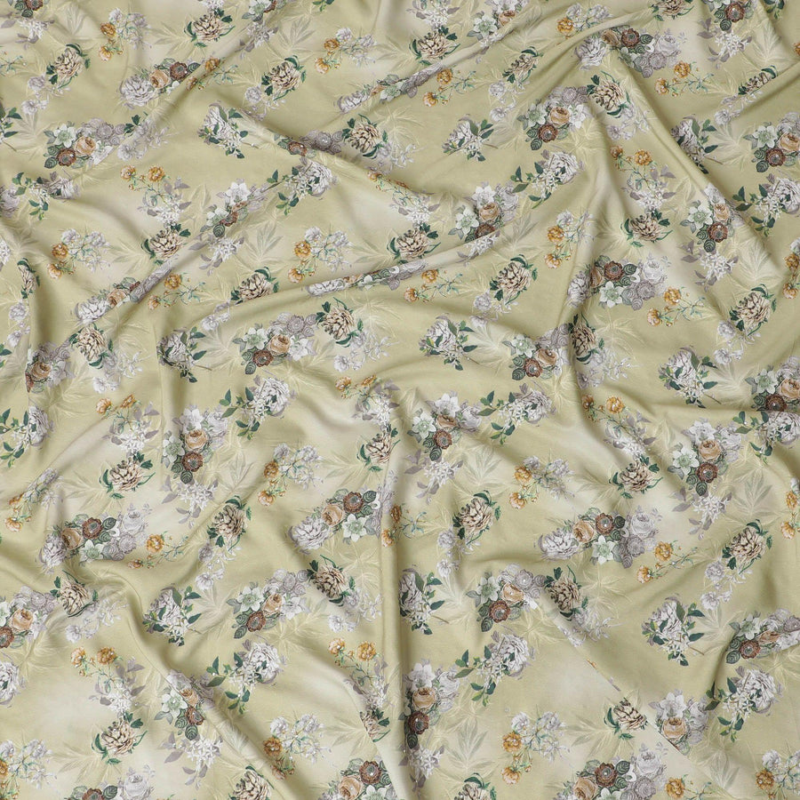 Sage green synthetic crepe fabric with multicolor print having stone work in floral design-D15312