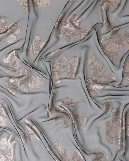 Black Premium pure French (Fransawi) silk chiffon fabric with copper metallic lurex in floral design-D9666