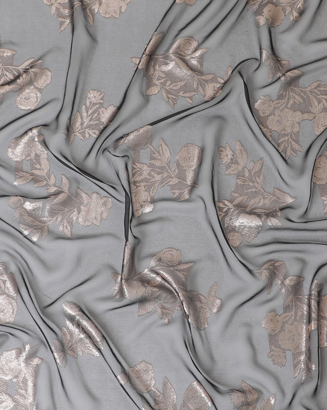 Black Premium pure French (Fransawi) silk chiffon fabric with copper metallic lurex in floral design-D9666