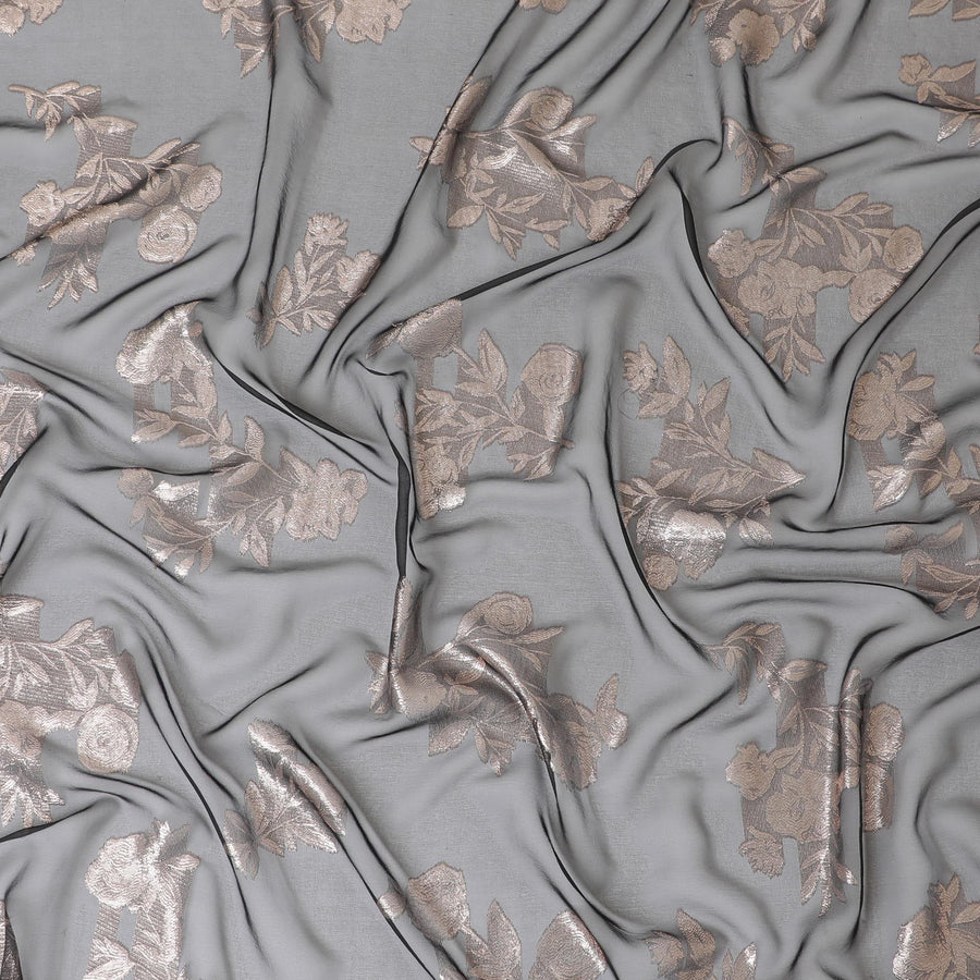 Black Premium pure French (Fransawi) silk chiffon fabric with copper metallic lurex in floral design-D9666