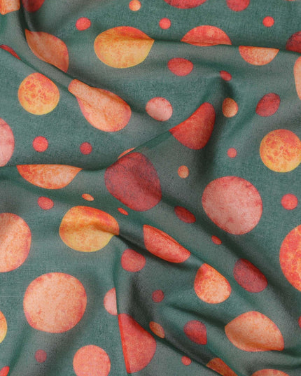 Forest green cotton voile fabric with squash orange and flax yellow print in polka dot design-D10358 Regal Fabrics