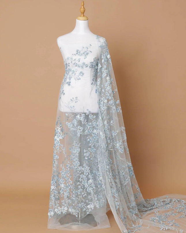Powder blue Premium wedding nylon tulle fabric with same tone, off white embroidery, applique work and beadwork in floral design-D7915 Regal Fabrics