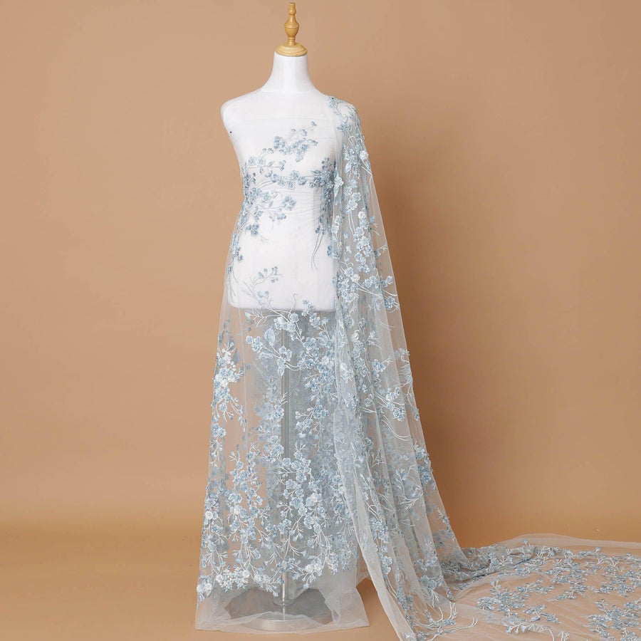 Powder blue Premium wedding nylon tulle fabric with same tone, off white embroidery, applique work and beadwork in floral design-D7915