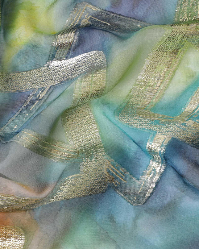 شيفون من الحرير الخالص متعدد الألوان مع لوريكس معدني ذهبي بتصميم تجريدي -D11372