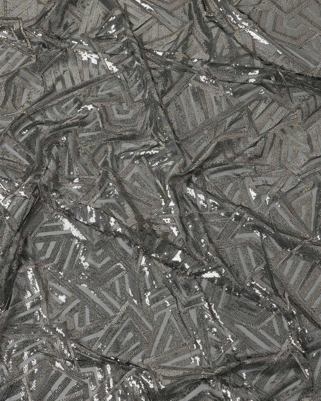 Black nylon tulle fabric with gold sequins and metallic gold embroidery in geometric design