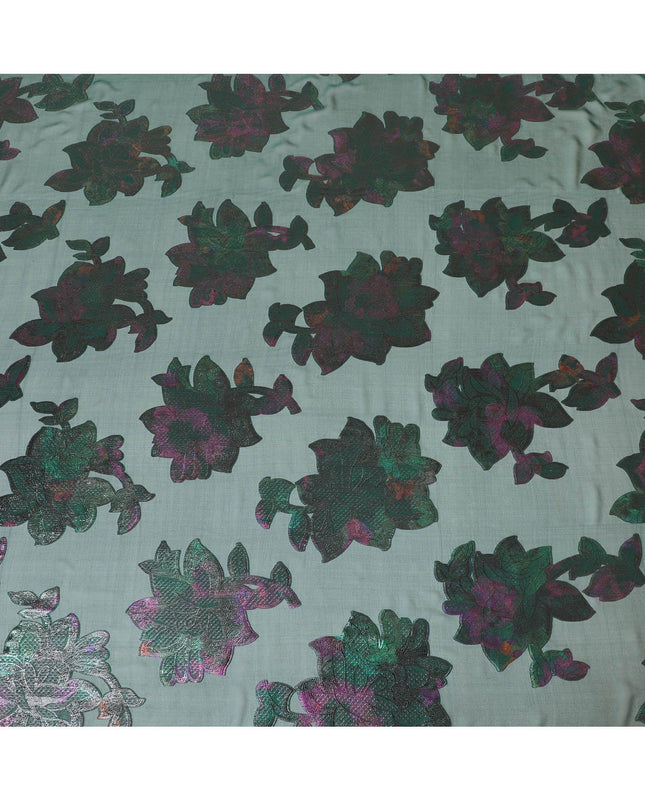 قماش شيفون من الحرير الخالص باللون الأخضر مع لوركس معدني متعدد الألوان بتصميم زهور -D8795