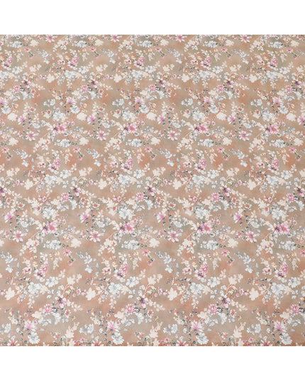 Light brown cotton voile fabric with off white, black, baby pink and beige print in floral design-D6281