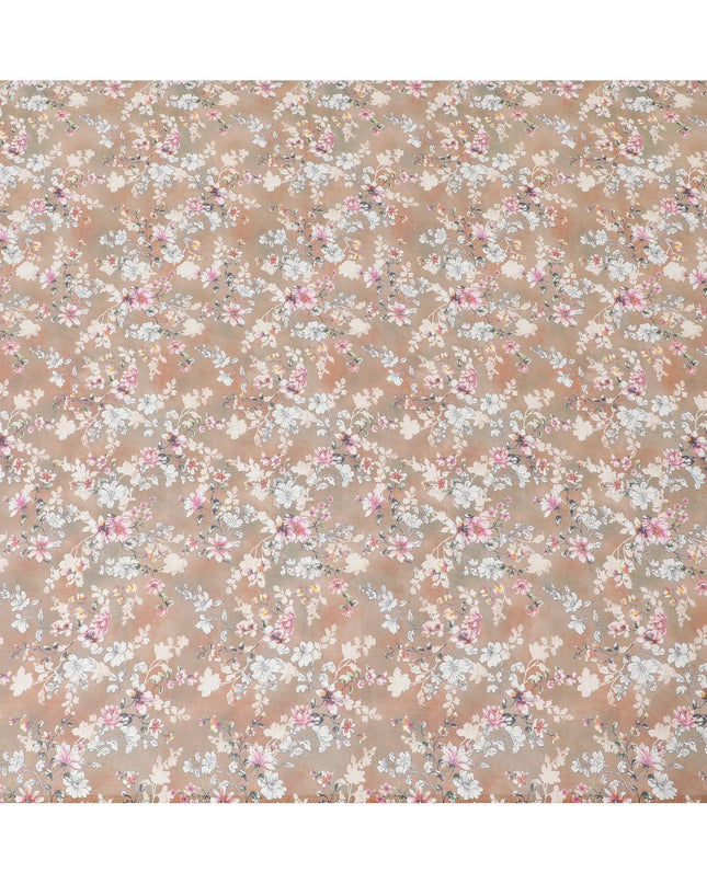 Light brown cotton voile fabric with off white, black, baby pink and beige print in floral design-D6281