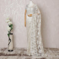 Off white, light gold Premium pure French metallic chantilly lace saree having stone work in floral design-D14588 Regal Fabrics