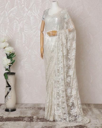 Off white, light gold Premium pure French metallic chantilly lace saree having stone work in floral design-D14588 Regal Fabrics