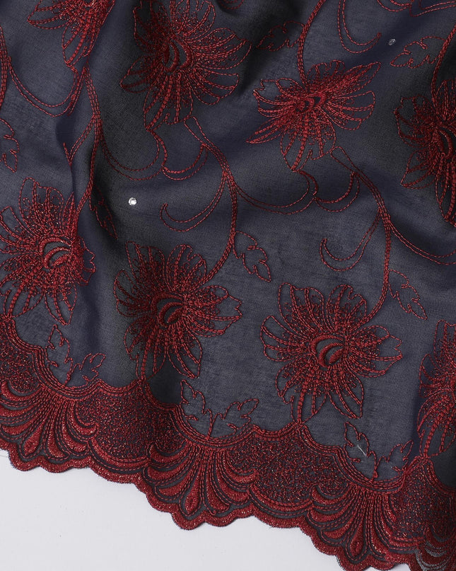 Dark navy blue Premium pure 100% Swiss cotton voile (Sudanese Thobe) fabric with crimson red and gold embroidery having stone work in fancy design-D13799