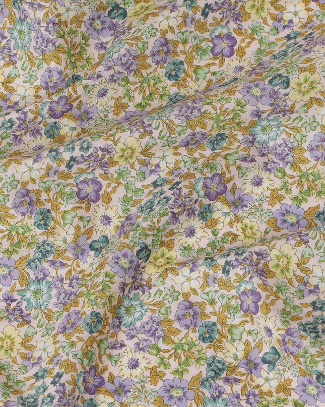 Beige cotton lawn fabric with multicolor print in floral design-D15213