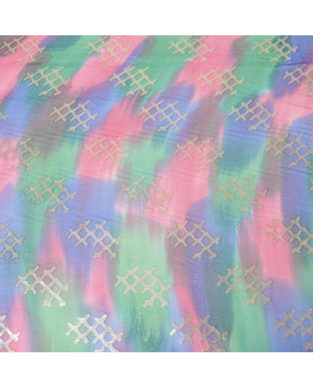 قماش شيفون من الحرير الخالص متعدد الألوان مع لوريكس معدني ذهبي بتصميم تجريدي-D10028