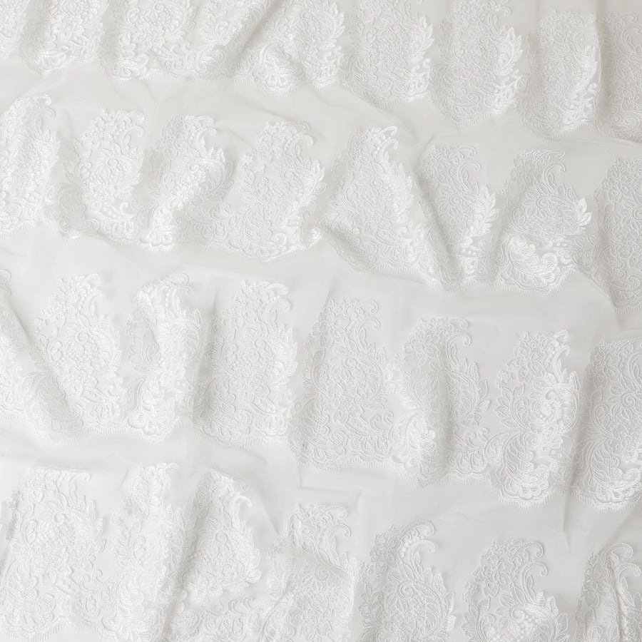 قماش تول نايلون أبيض مع تطريز بنفس اللون بتصميم فاخر-D6027